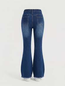 SHEIN Tween Girl Raw Hem Flare Leg Jeans Autumn Winter - Dark Wash - View 3