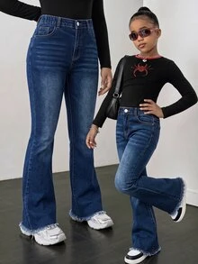 SHEIN Tween Girl Raw Hem Flare Leg Jeans Autumn Winter - Dark Wash - View 7