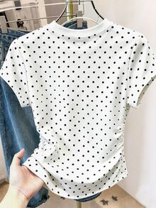 Franclia 女款 T-Shirt 夏季外出上衣 收腰設計 大花卉藝術印花 藍色波點印花風格 休閒百搭 通勤風 舒適面料 - 彩色 - 查看 2