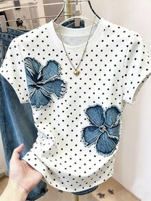 Franclia 女款 T-Shirt 夏季外出上衣 收腰設計 大花卉藝術印花 藍色波點印花風格 休閒百搭 通勤風 舒適面料 - 彩色 - 查看 1