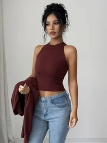 SHEIN Elenzya Set 2 Potong Cardigan Lengan Kelelawar + Rompi Musim Gugur/Dingin untuk Acara Malam Kasual Warna Burgundy Seksi - Coffee Brown - View 6