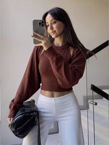 SHEIN Elenzya Set 2 Potong Cardigan Lengan Kelelawar + Rompi Musim Gugur/Dingin untuk Acara Malam Kasual Warna Burgundy Seksi - Coffee Brown - View 1