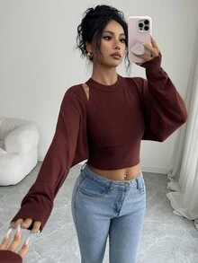 SHEIN Elenzya Set 2 Potong Cardigan Lengan Kelelawar + Rompi Musim Gugur/Dingin untuk Acara Malam Kasual Warna Burgundy Seksi - Coffee Brown - View 8