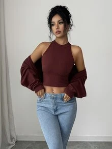 SHEIN Elenzya Set 2 Potong Cardigan Lengan Kelelawar + Rompi Musim Gugur/Dingin untuk Acara Malam Kasual Warna Burgundy Seksi - Coffee Brown - View 4