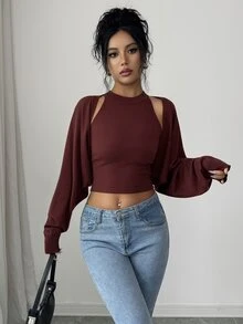 SHEIN Elenzya Set 2 Potong Cardigan Lengan Kelelawar + Rompi Musim Gugur/Dingin untuk Acara Malam Kasual Warna Burgundy Seksi - Coffee Brown - View 3