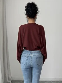 SHEIN Elenzya Set 2 Potong Cardigan Lengan Kelelawar + Rompi Musim Gugur/Dingin untuk Acara Malam Kasual Warna Burgundy Seksi - Coffee Brown - View 2