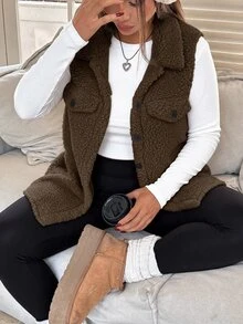 SHEIN PETITE CURVE Plus Size Women Solid Color Single-Breasted Casual Versatile Vest Jacket - Brown - View 4