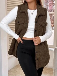 SHEIN PETITE CURVE Plus Size Women Solid Color Single-Breasted Casual Versatile Vest Jacket - Brown - View 7