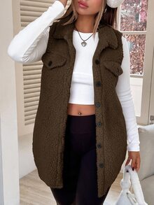 SHEIN PETITE CURVE Plus Size Women Solid Color Single-Breasted Casual Versatile Vest Jacket - Brown - View 2