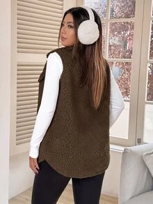 SHEIN PETITE CURVE Plus Size Women Solid Color Single-Breasted Casual Versatile Vest Jacket - Brown - View 8