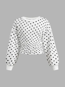 SHEIN Tween女孩白色波點抓皺圓領羅紋袖套頭秋季運動衫 - 白色 - 查看 6