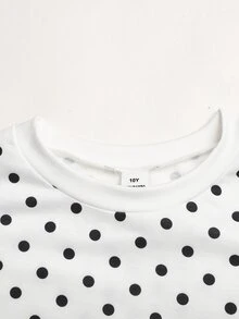 SHEIN Tween女孩白色波點抓皺圓領羅紋袖套頭秋季運動衫 - 白色 - 查看 5