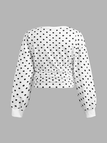 SHEIN Tween女孩白色波點抓皺圓領羅紋袖套頭秋季運動衫 - 白色 - 查看 4