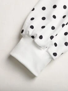 SHEIN Tween女孩白色波點抓皺圓領羅紋袖套頭秋季運動衫 - 白色 - 查看 3