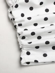 SHEIN Tween女孩白色波點抓皺圓領羅紋袖套頭秋季運動衫 - 白色 - 查看 2