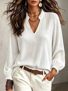 EMERY ROSE Blusa con cuello con muesca y mangas con volantes, blusas de manga larga - Blanco - Ver 1