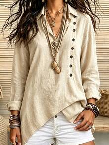 LUMIGAL Kemeja Wanita Lengan Panjang Desain Kancing Kasual Gaya Boho untuk Perjalanan Liburan Warna Beige Musim Gugur - Aprikot - View 3