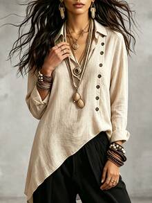 LUMIGAL Kemeja Wanita Lengan Panjang Desain Kancing Kasual Gaya Boho untuk Perjalanan Liburan Warna Beige Musim Gugur - Aprikot - View 5