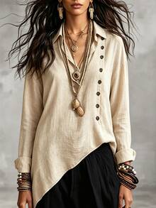 LUMIGAL Kemeja Wanita Lengan Panjang Desain Kancing Kasual Gaya Boho untuk Perjalanan Liburan Warna Beige Musim Gugur - Aprikot - View 4
