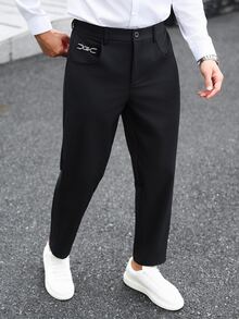 Manfinity CasualCool 男士黑色休閒通勤長褲，附口袋與金屬扣裝飾 - 黑色 - 查看 5