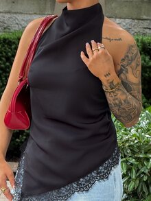 SAYEHFBABY 时尚黑色真丝吊带背心，饰有精致蕾丝边，V领设计，优雅女士吊带背心，性感别致，适合日常穿着。 - 黑色 - 查看 5