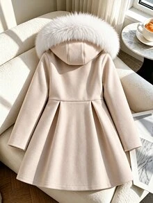 SHEIN Sparklyn 少女長袖單排扣拼接人造毛連帽大衣 - 米色 - 查看 8