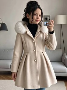 SHEIN Sparklyn 少女長袖單排扣拼接人造毛連帽大衣 - 米色 - 查看 7
