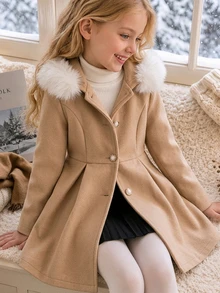 SHEIN Sparklyn 少女長袖單排扣拼接人造毛連帽大衣 - 米色 - 查看 2