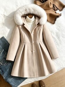 SHEIN Sparklyn 少女長袖單排扣拼接人造毛連帽大衣 - 米色 - 查看 4