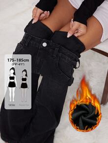 SHEIN Tall بنطلون جينز نسائي بخصر عالي وجيوب بتصميم كاجوال متعدد الاستخدامات بقصة واسعة من الأسفل - الأسود - مشاهدة 7