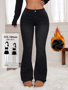 SHEIN Tall بنطلون جينز نسائي بخصر عالي وجيوب بتصميم كاجوال متعدد الاستخدامات بقصة واسعة من الأسفل - الأسود - مشاهدة 1