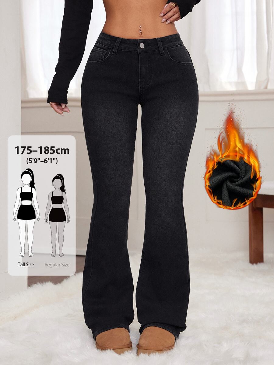 SHEIN Tall بنطلون جينز نسائي بخصر عالي وجيوب بتصميم كاجوال متعدد الاستخدامات بقصة واسعة من الأسفل - الأسود - مشاهدة 1