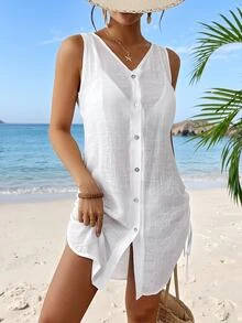 SHEIN Swim Women Plain Color Single-Breasted Sleeveless Kimono Cover Up Kimono For Summer Beach Vacation - White - View 4
