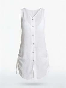 SHEIN Swim Women Plain Color Single-Breasted Sleeveless Kimono Cover Up Kimono For Summer Beach Vacation - White - View 7