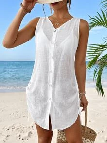 SHEIN Swim Women Plain Color Single-Breasted Sleeveless Kimono Cover Up Kimono For Summer Beach Vacation - White - View 3