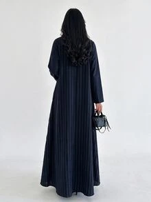 Yasveil Women's Woven Striped Long Sleeve Navy Blue Patchwork Straight Leg Elegant Modest Casual Conservative Abaya Formal Christening Guest Winter - Navy Blue - View 2