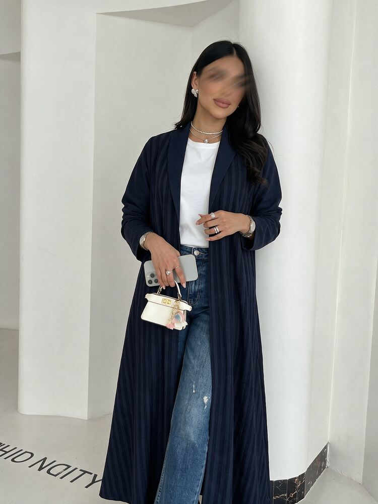 Yasveil 女款編織條紋長袖海軍藍拼接直筒褲優雅端莊休閒保守式阿巴雅正式洗禮賓客冬季款 - 藏蓝色 - 查看 5