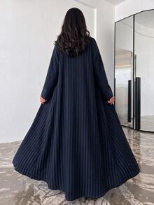 Yasveil Women's Woven Striped Long Sleeve Navy Blue Patchwork Straight Leg Elegant Modest Casual Conservative Abaya Formal Christening Guest Winter - Navy Blue - View 4