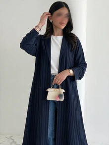 Yasveil Women's Woven Striped Long Sleeve Navy Blue Patchwork Straight Leg Elegant Modest Casual Conservative Abaya Formal Christening Guest Winter - Navy Blue - View 7