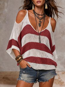 Solivie Women's Color Block Striped Cold Shoulder Camisole Sweater Vacation Red And White Stripe Autumn Casual - Red - View 4