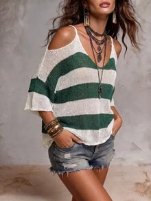 Solivie Women's Colorblock Casual Boho Versatile Daily Wear Long Sleeve Sweater Vacation Green And White Striped Autumn - Dark Green - View 4