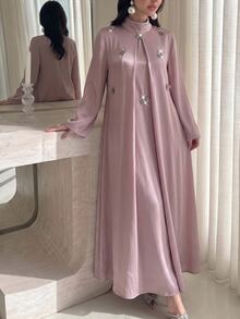 Yasveil 女款粉色編織長袖 3D 珠飾立領 A 字裙優雅浪漫阿拉伯風洋裝 - 粉色 - 查看 7