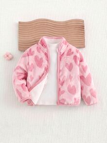 SHEIN Baby Girl Allover Heart Pattern Teddy Lined Zipper Up Fuzzy Winter Jacket Without Tee - Pink - View 3