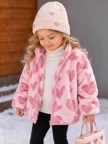 SHEIN Baby Girl Allover Heart Pattern Teddy Lined Zipper Up Fuzzy Winter Jacket Without Tee - Pink - View 1
