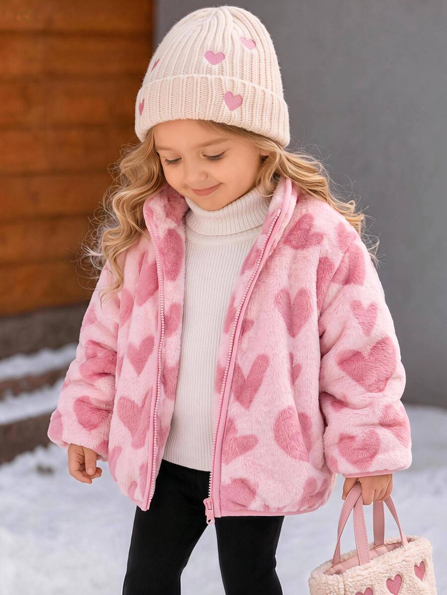 SHEIN Baby Girl Allover Heart Pattern Teddy Lined Zipper Up Fuzzy Winter Jacket Without Tee - Pink - View 1
