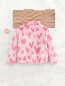 SHEIN Baby Girl Allover Heart Pattern Teddy Lined Zipper Up Fuzzy Winter Jacket Without Tee - Pink - View 7