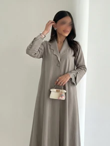 Yasveil 女款編織卡其色長袖蕾絲飾邊彼得潘領直筒版型優雅浪漫長袍 - 卡其色 - 查看 8