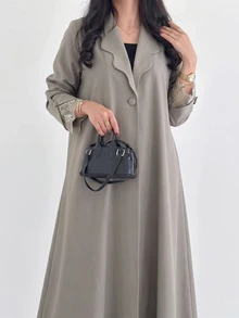 Yasveil 女款編織卡其色長袖蕾絲飾邊彼得潘領直筒版型優雅浪漫長袍 - 卡其色 - 查看 9