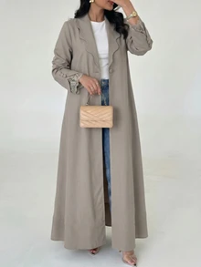 Yasveil 女款編織卡其色長袖蕾絲飾邊彼得潘領直筒版型優雅浪漫長袍 - 卡其色 - 查看 4