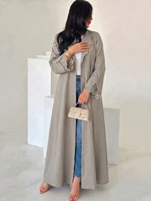 Yasveil 女款編織卡其色長袖蕾絲飾邊彼得潘領直筒版型優雅浪漫長袍 - 卡其色 - 查看 2